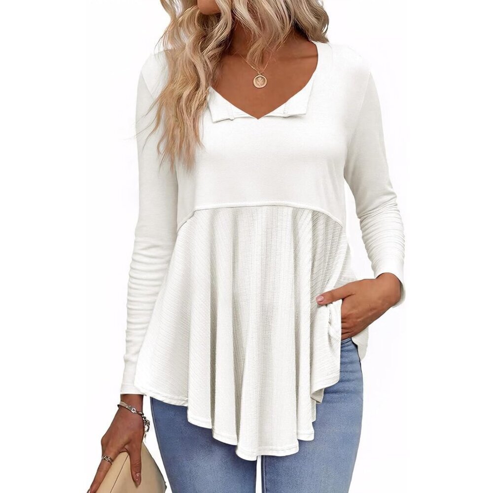 Womens Babydoll Tops V Neck Long Sleeve Peplum Flowy Casual Blouses